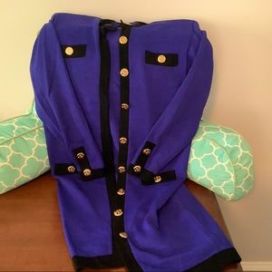 St. John sweater dress.  Royal blue with black trim and gold hardware.  Size 4.